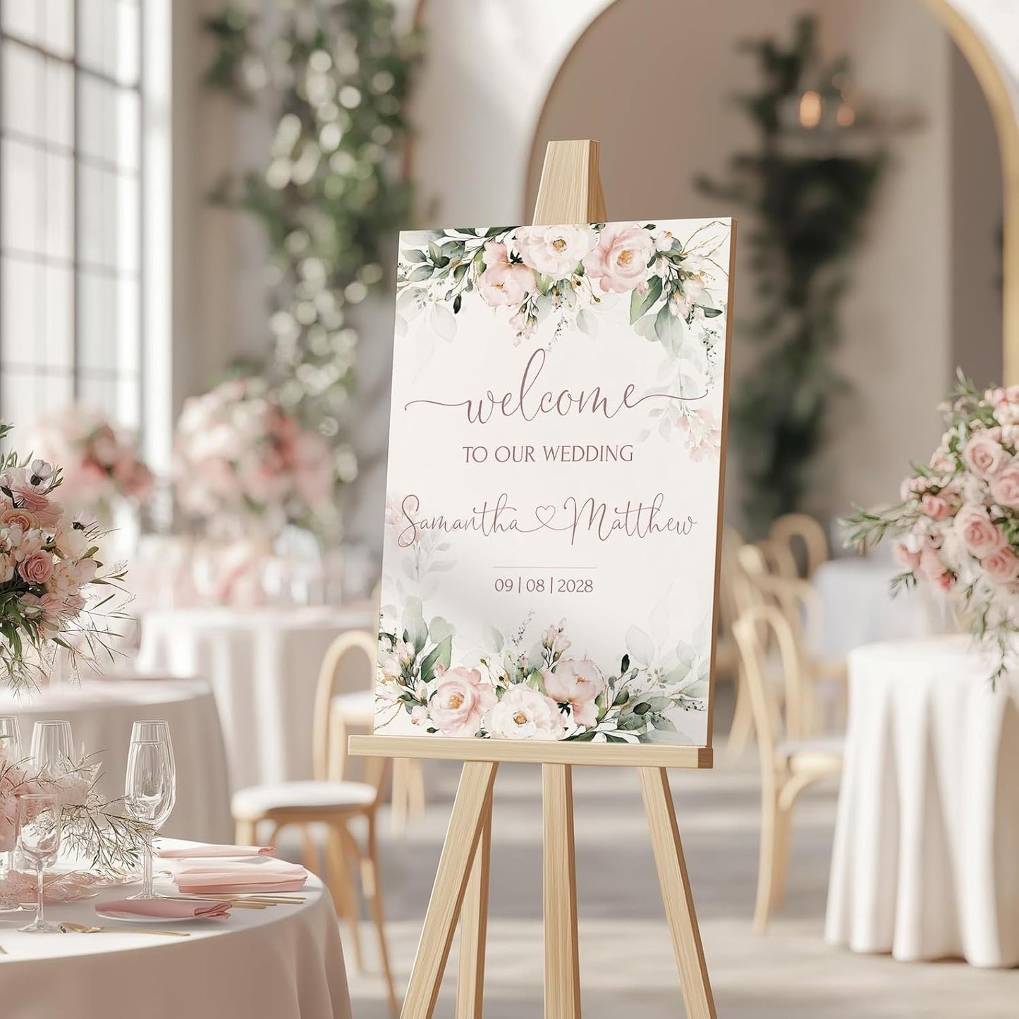 Welcome Wedding Sign Personalized, Soft Floral Pink Wedding Sign Decorations Signage 12" X 18" (Small), 27" (Medium), 36" (Large), Plastic, Modern, Pole Mount, Weather