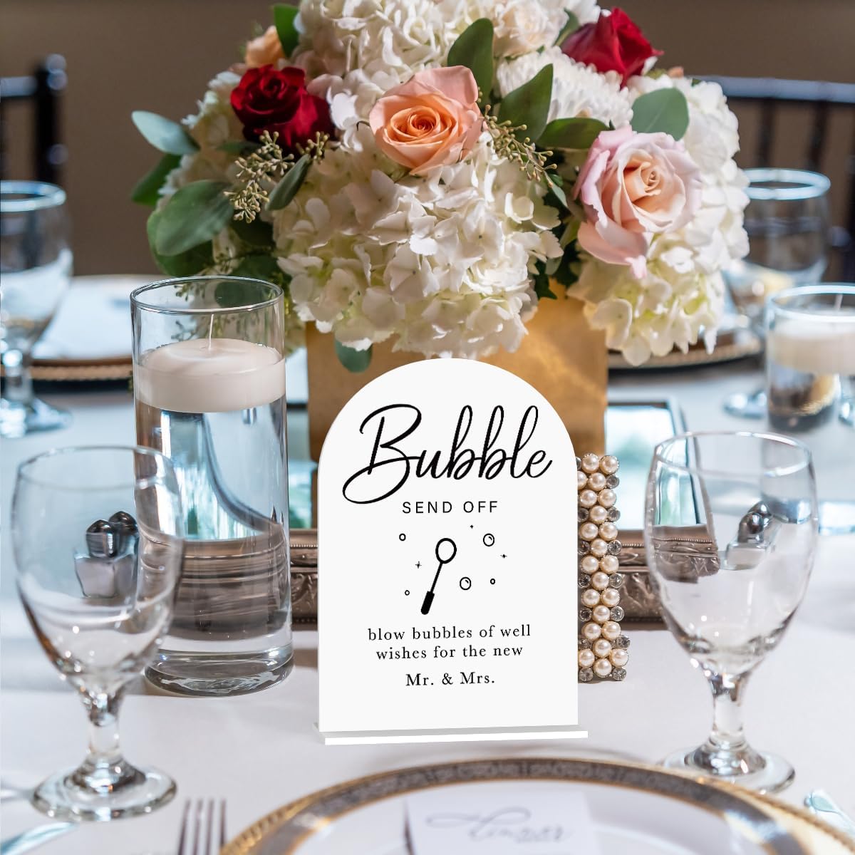 Acrylic Wedding Sign Wedding Signs for Ceremony Bubble Send Off Sign for Wedding Modern Calligraphy Arch Acrylic Table Top Sign for Wedding Reception and Event Party Table(white）