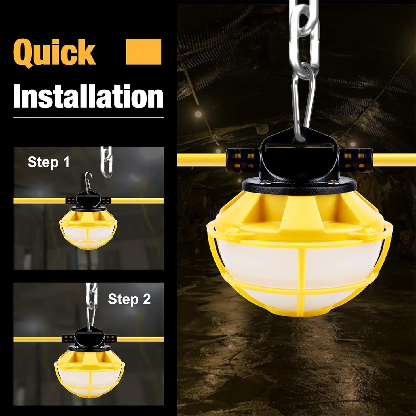 100FT Construction String Lights with Cage, IP65 Waterproof LED String Work Lights, 5000K Daylight 18AWG Wire Linkable Temporary Construction Lighting for Jobsite with 10 Bulbs & Hooks