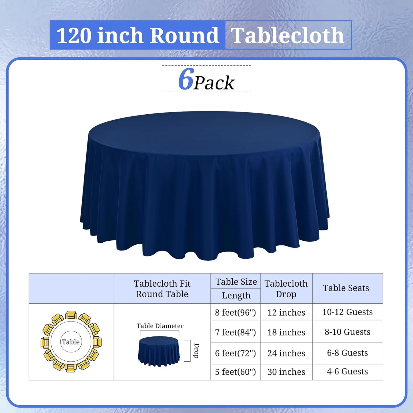 6 Pack Round Tablecloths - 120 Inch, Navy Blue Polyester Table Cover for Round Table, Stain and Wrinkle Resistant Washable Fabric Table Cloth, Polyester Tablecloth for Wedding Banquet Parties