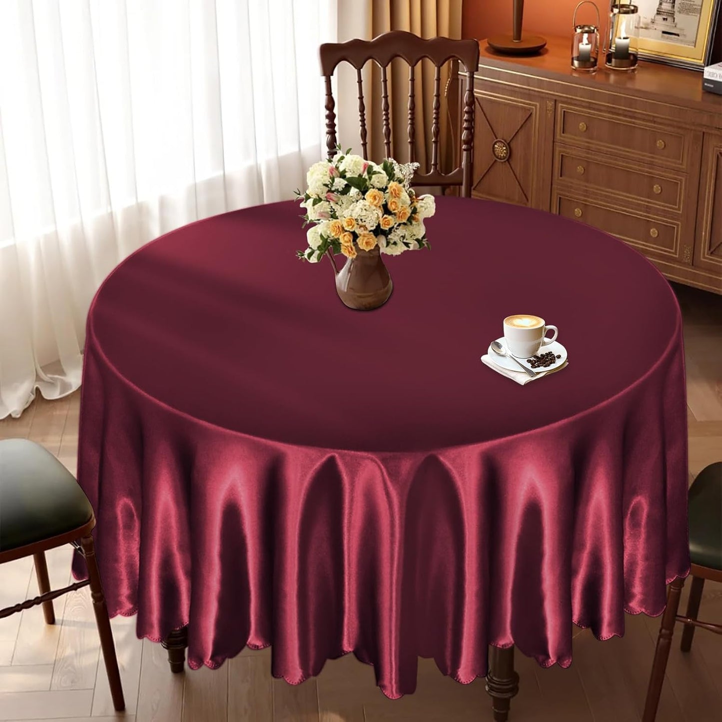 KKJIAF 1 Pack 108 Inch Round Table Cloth, Burgundy Overlay Round Satin Table Cover, Silky Satin Dining Tablecloths for Wedding Buffet Parties Banquet Decoration