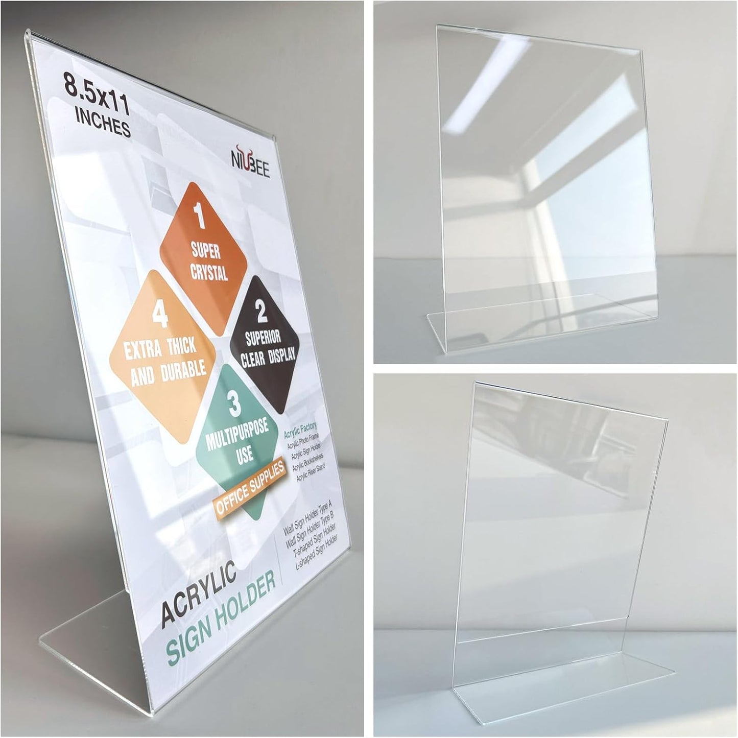 NIUBEE 6Pack 8.5x11 Acrylic Sign Holder with Vertical Slanted Back, Clear Plastic Sign Stand Frames, Flyer Document Paper Display Stand for Office Desktop