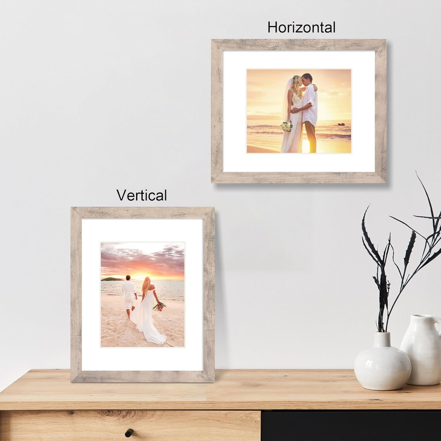 11x14 Picture Frame Set of 4 with Tempered Glass, Smoke Gray Frame Display 8x10 Pictures with Mat or 11 x 14 Without Mat, Wood Rustic Photo Frames for Horizontal or Vertical Wall Mounting