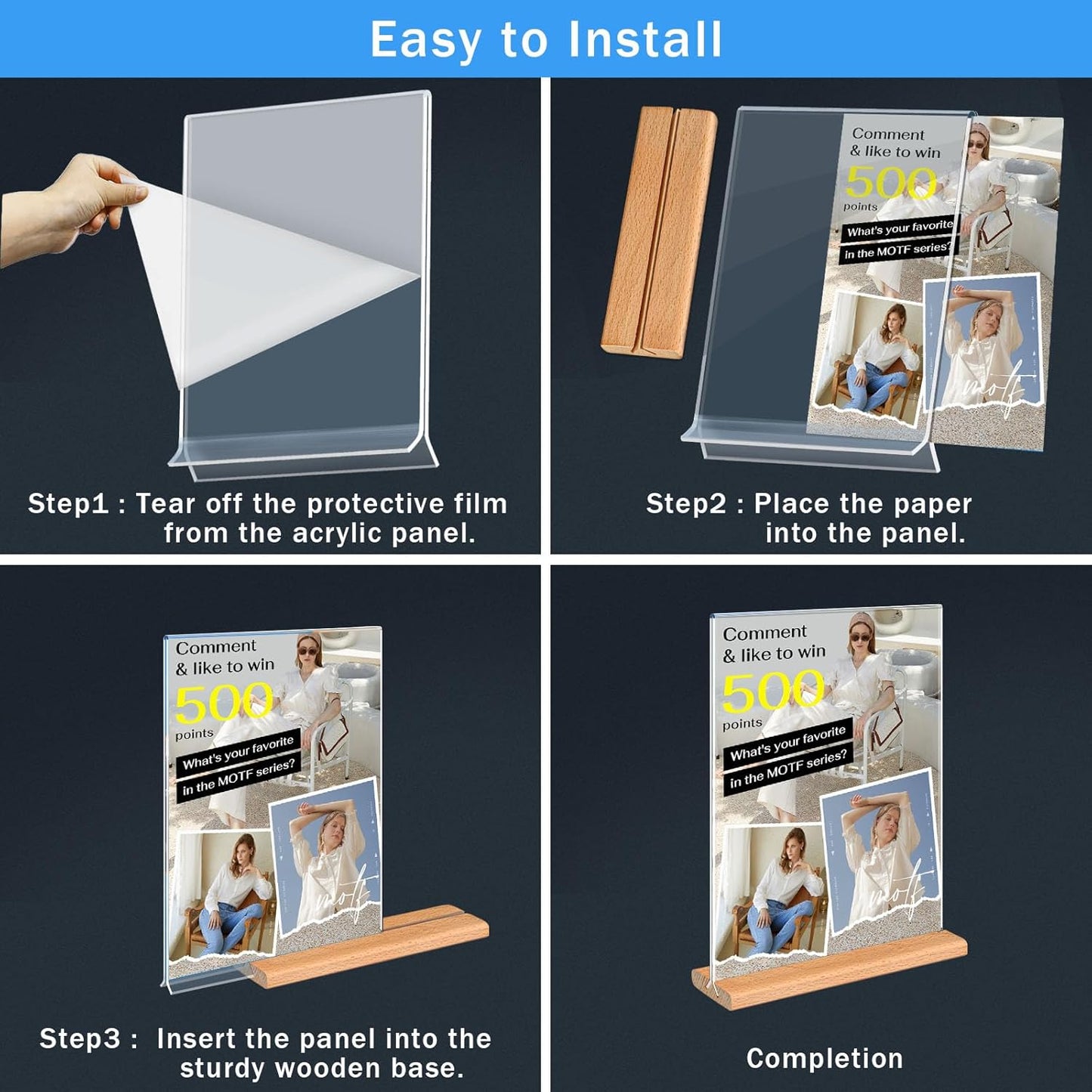 Kersally Acrylic Sign Holder 7 x 5'', 4 Pack Double-Sided Clear Table Display Stands with Wood Base,Horizontal Acrylic Frame Menu Flyer Paper Holder for Store, Restaurant, Hotel, Office, Show Fair