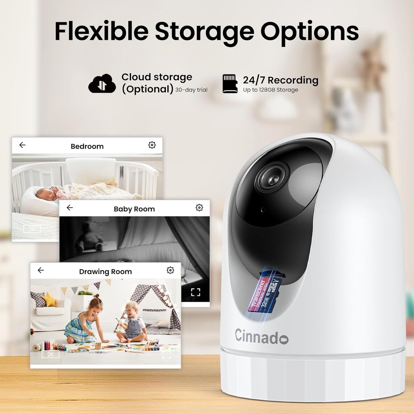 Security Camera Indoor-2K 360° WiFi Cameras for Home Security，Pet/Dog/Baby Camera with Phone app, 2-Way Audio, Night Vision, 24/7 SD Card Storage, Works with Alexa & Google Home (2.4Ghz)-D1