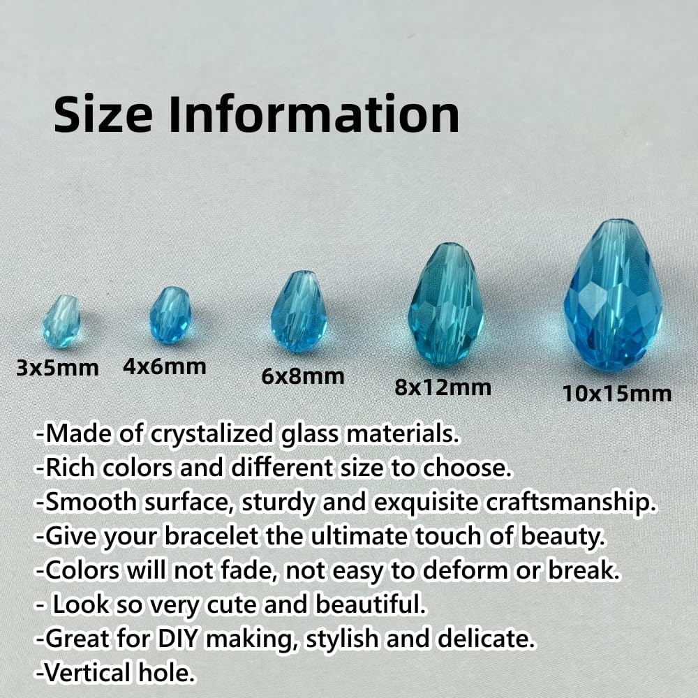 100pcs 8x12mm Teardrop Crystal Glass Beads for Jewelry Making, Faceted Vertical Hole Teardrop Glass Spacer Beads for Wind Chimes Bracelet Earring Necklace DIY Craft(Lake Blue)