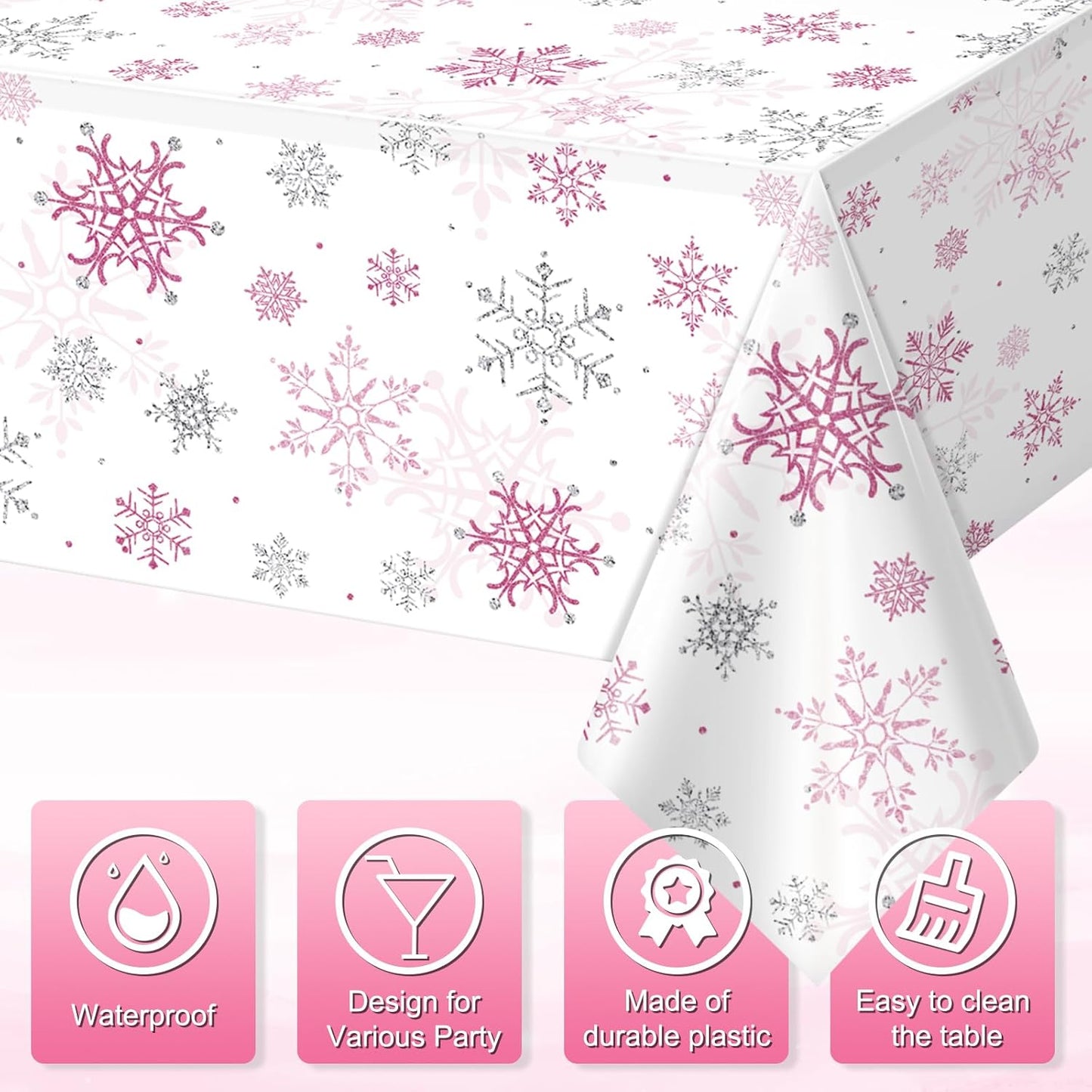 3 Pcs Christmas Snowflake Party Tablecloths Decorations,Plastic Pink Winter Onederland Rectangle Table Cover for Christmas New Year Girls 1st Birthday Baby Shower Holiday Party Decorations,54x108 inch