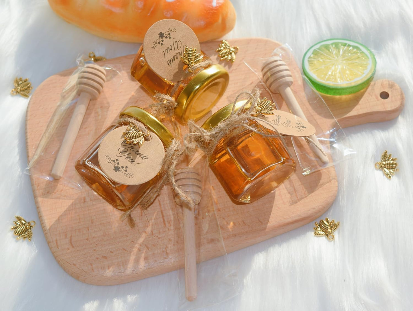 IIKUM 20 Pack Glass Honey Jars, 1.5 oz Hexagon Honey Pots with Lids, Wooden Dippers, Bee Pendants, Gift Bags, Thank You Cards, Jutes and Stickers-Ideal Gift for Baby Shower, Wedding and Party Favors
