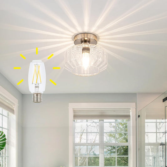 Brushed Nickel Semi Flush Mount Ceiling Light Fixture with Textured Glass & Included 1200 Lumens LED Bulbs, Modern Hallway & Bathroom Light for Entryway, Kitchen, Laundry Room