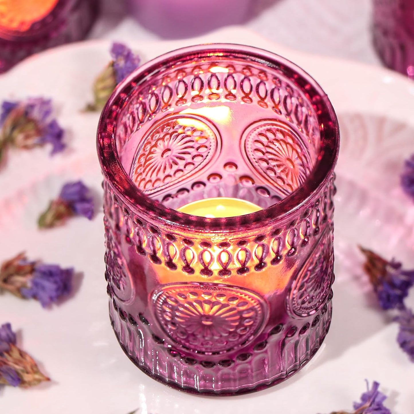 DARJEN Purple Votive Candle Holders Set of 36- Glass Tea Light Candles for Purple Candles, Embossed Candle Votives for Wedding Table Centerpiece, Party & Home Decor