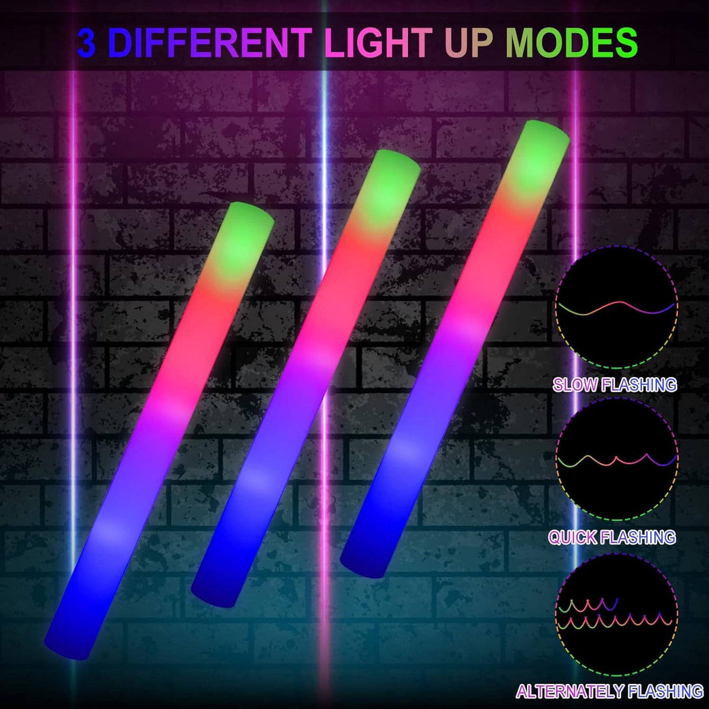LifBetter 45 Pcs Glow Sticks Bulk- LED Foam Sticks in The Dark with 3 Modes Flashing Led Foam Multicolor Batons Light up Party Favors for Birthdays, Weddings, Concerts, Festivals