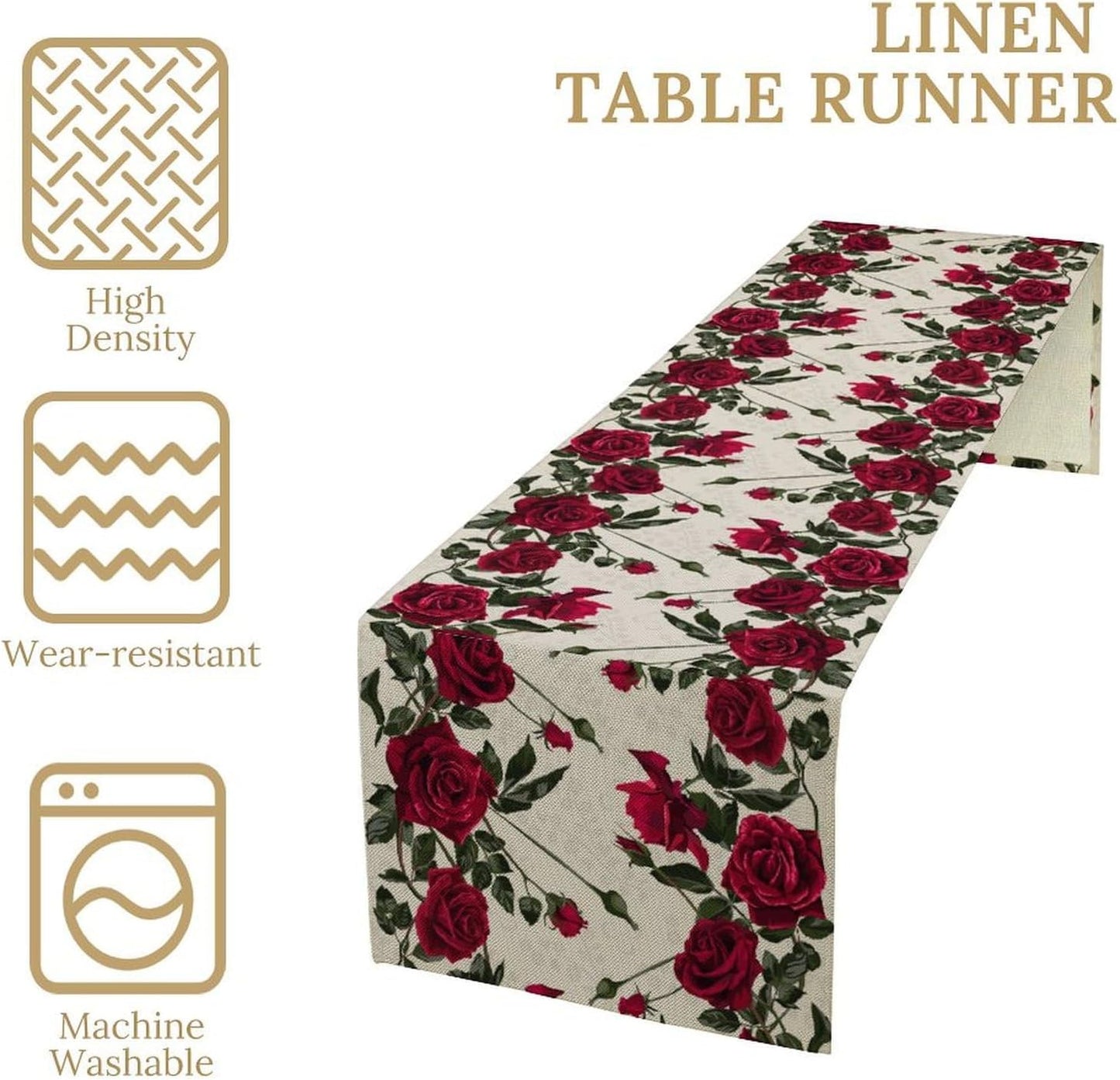 Rose Table Runner, Retro Red Rose Flowers Green Leaves Valentine's Day Kitchen Dinning Table Runner for Indoor Outdoor Home Wedding Party Holiday, 13x108 Inch