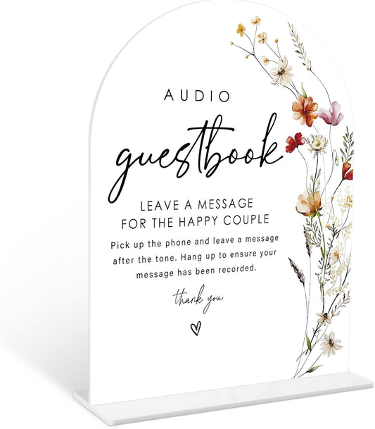 Boho Floral Audio Guest Book Sign, 6 x 8 Inch White Arch Acrylic Wedding Sign with Holder, Wedding Sign for Ceremony and Reception, Wedding Decoration, Wedding Supplies - BX29