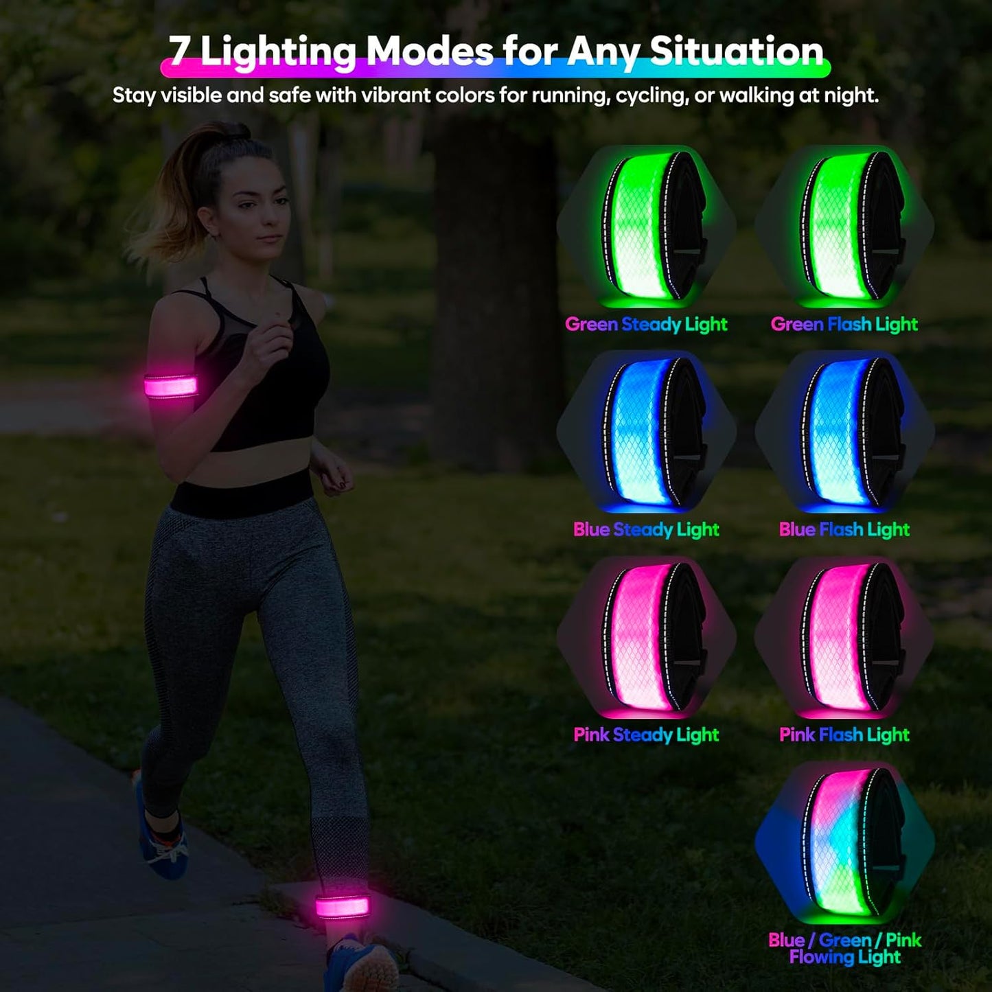LED Armband for Running Walking Cycling, Multicolor Light Up Armband with Battery Indicator, Rechargeable Running Lights Safety Band for Night Visibility,Adjustable Reflective Gear for Adults & Kids
