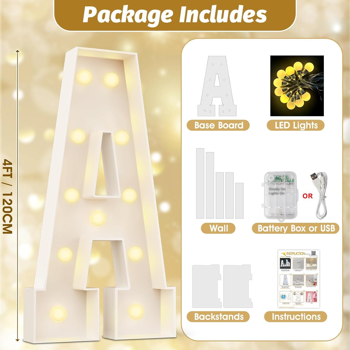 Ledido 4FT Marquee Light Up Letters Large Light Up Letters for Party Decoration, Marquee Letter for Birthday Graduation Baby Shower Wedding, Pre-Cut Foam Board Assembly Required Letter H