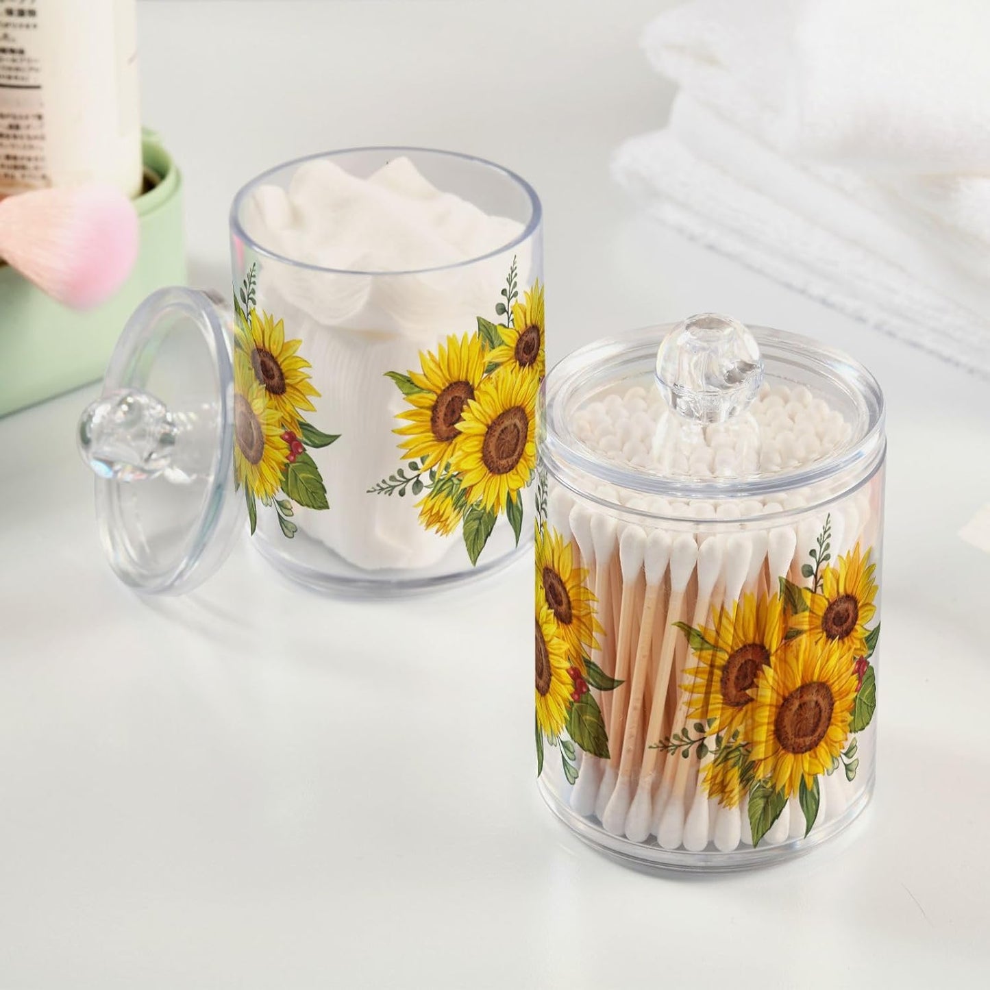 Gredecor Qtip Holder Dispenser 2 Pack Yellow Watercolor Sunflowers Bathroom Decorative Storage Canister Holder Counter Vanity Organizer for Cotton Ball Swabs Pads Floss