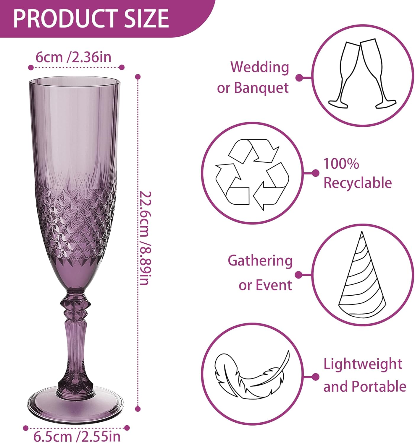 Plastic Champagne Flutes, 12PCS Dark Purple Wine Glasses Goblets Cups Reusable Flute, for Halloween Weddings Bachelor Parties Toasting and Events(12, Dark Purple)