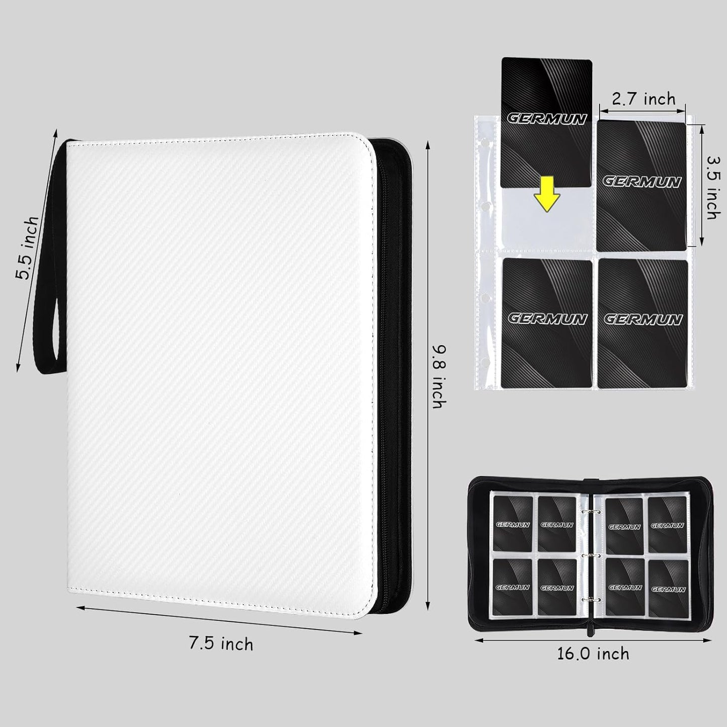 4 Pocket Card Binder, Premium Zip Trading Card Binder, 400 Double Sided Pocket PU Card Collection Binder, Collector Card Album, Card Folder for MTG, TCG, Sports Cards, Game Cards (White)