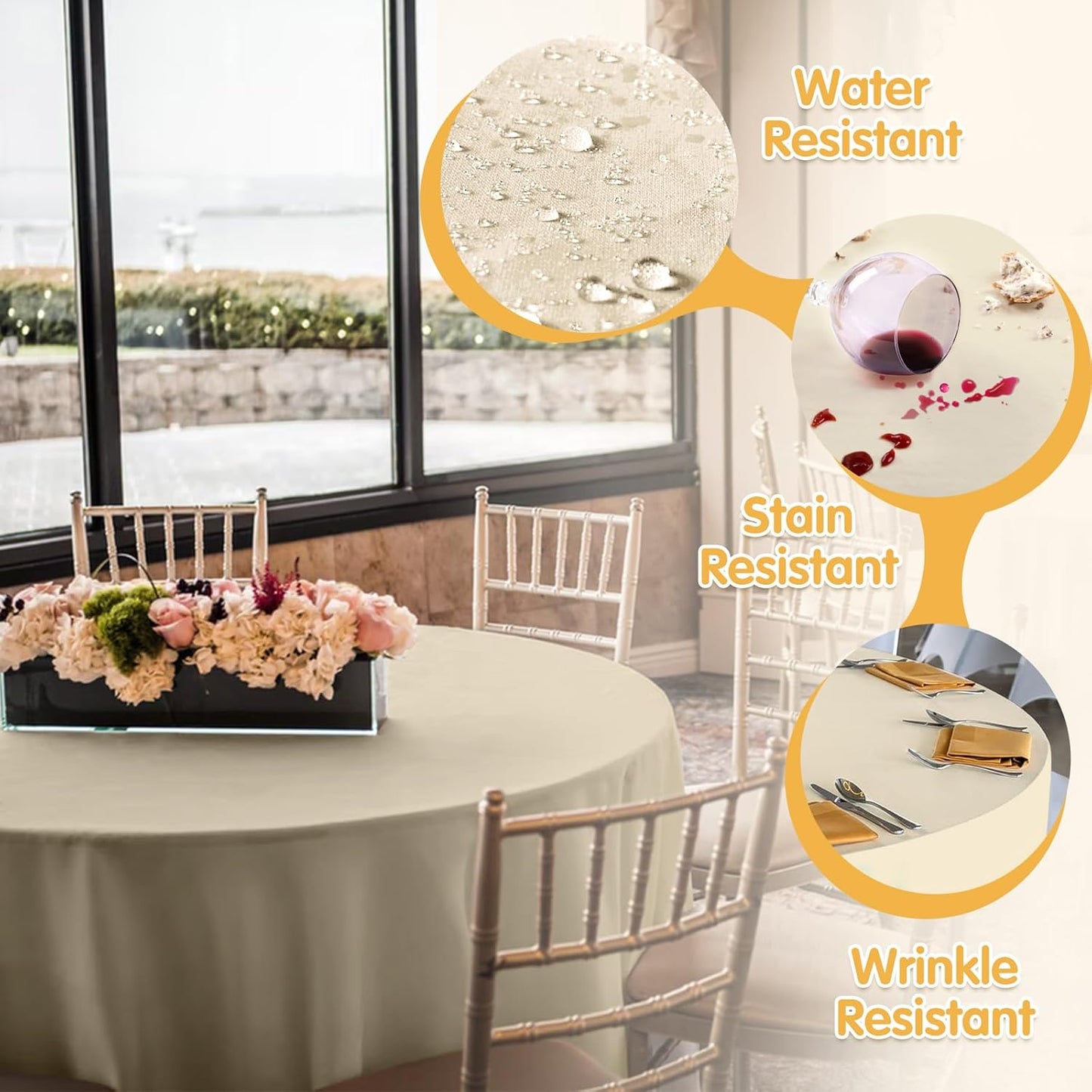 BRILLMAX 6 Pack Beige 70 Inch Round Tablecloths Fit 30" to 54" Tables (8-20" Drop) - Circle Bulk Linen Polyester Fabric Washable Cloth Cover for Wedding Reception Banquet Birthday Party Buffet