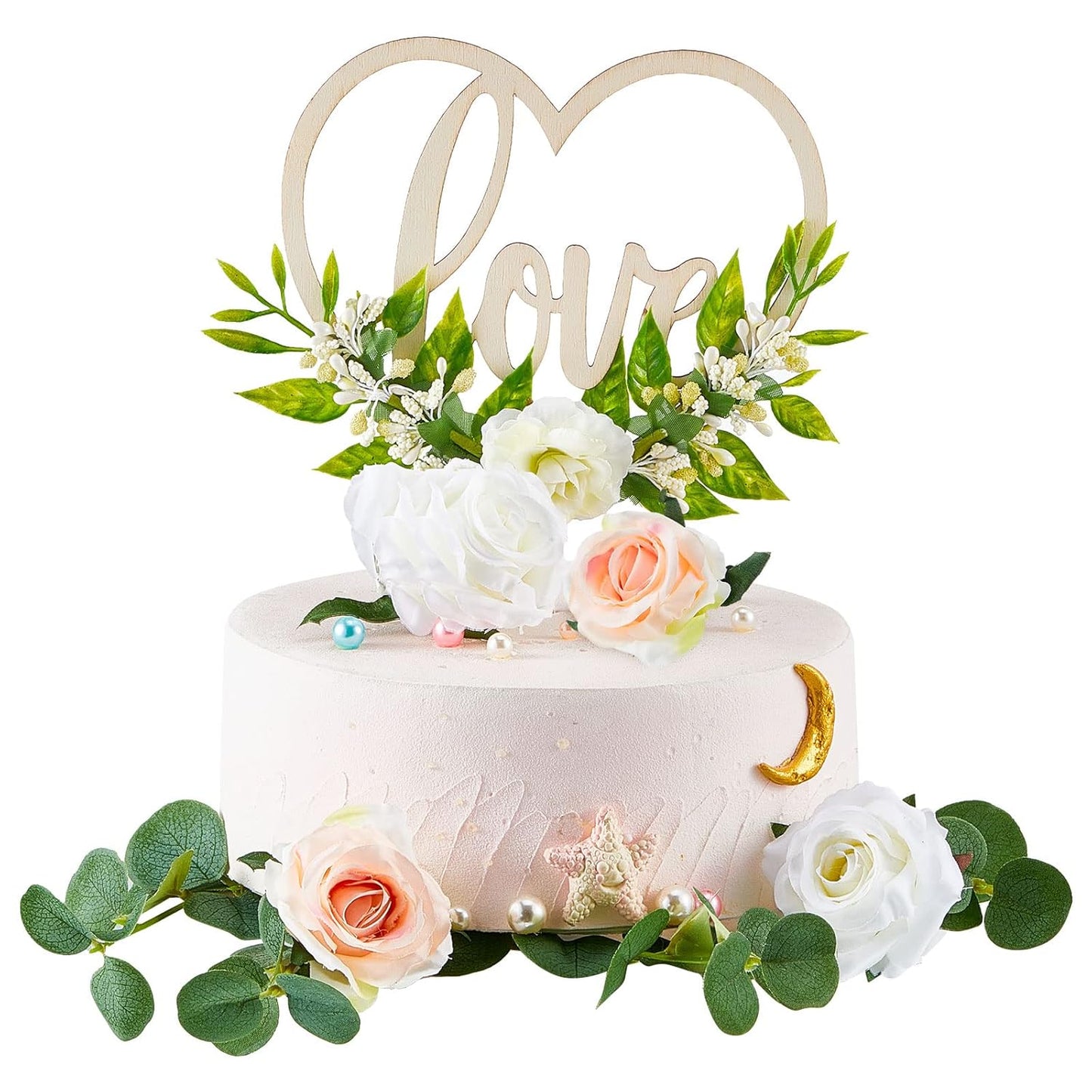Juexica 6 Pcs Wedding Cake Topper Set Rustic Bridal Shower Heart Shaped Wedding Cake Topper Decorations Simulation Rose Flowers Leaves for Engagement Anniversary Party
