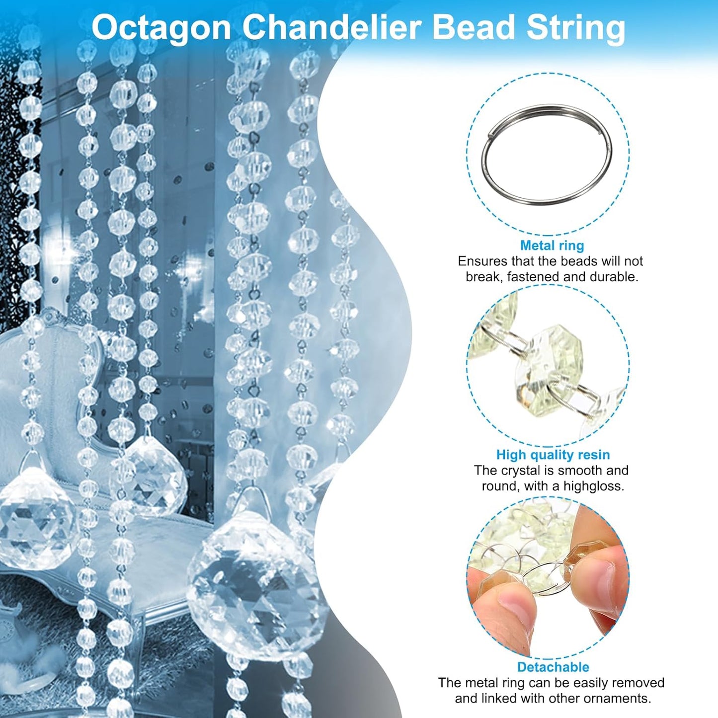 PATIKIL 14 mm Crystal Garland Strands, 16.4 Ft Acrylic Octagon Chandelier Bead Chains String for DIY Craft Wedding Party Home Decorative Jewelry Making, Champagne
