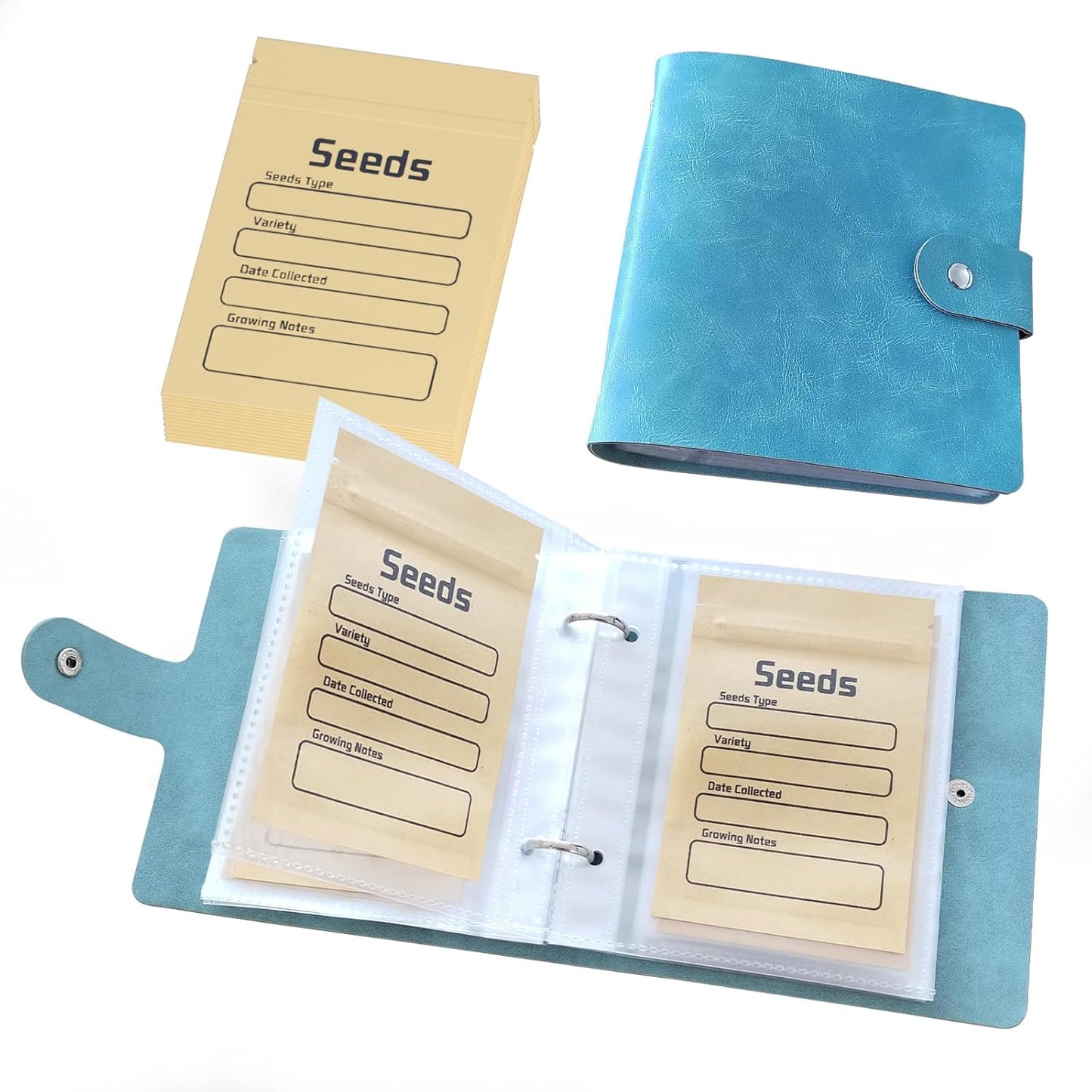Seed Organizer Binder with 50 PCS Resealable Seed Envelopes - 50 Storage Pockets, 3.5x5 Inch Clear Sleeves, Seed Saver for Garden Lover - Cyan