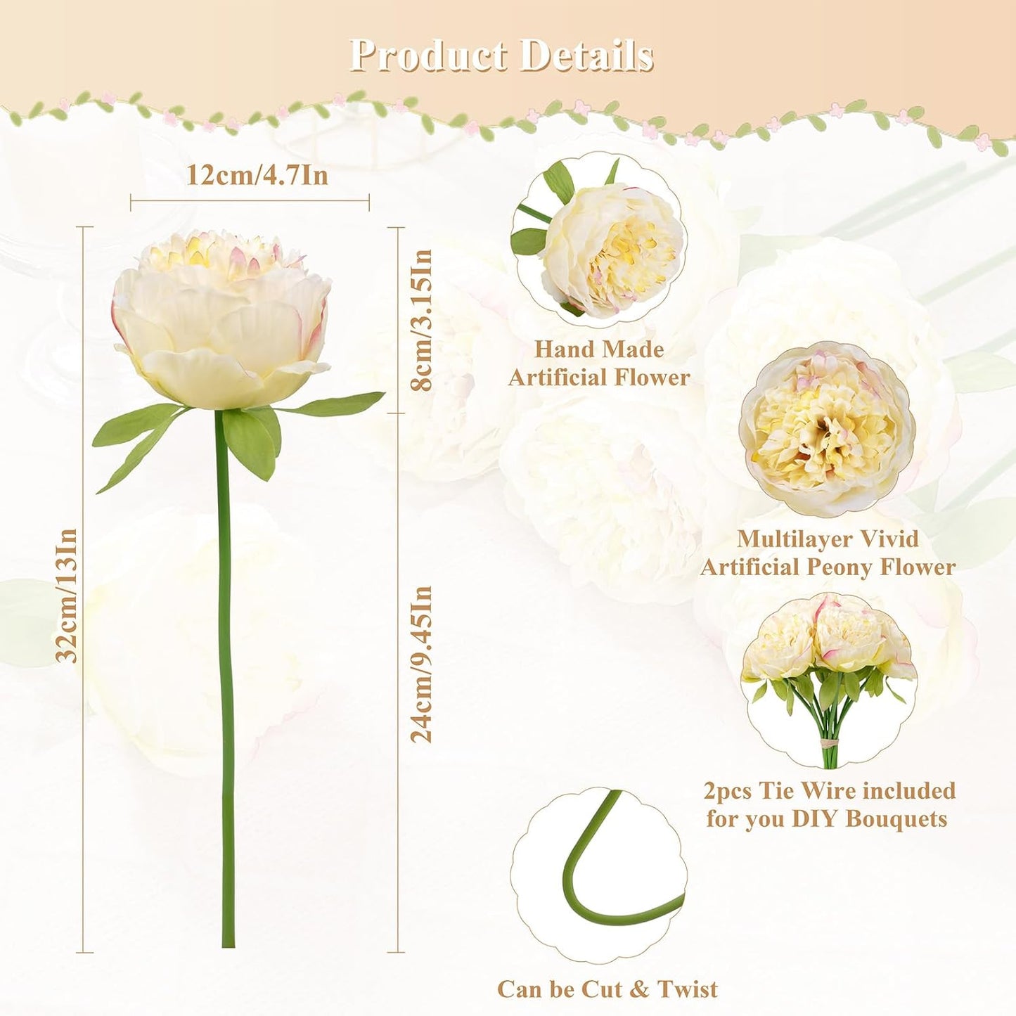 U'Artlines 2 Bouquet 10 Heads Artificial Peony Silk Flower Leaf Home Office Wedding Party Festival Bar Decor (Champagne)