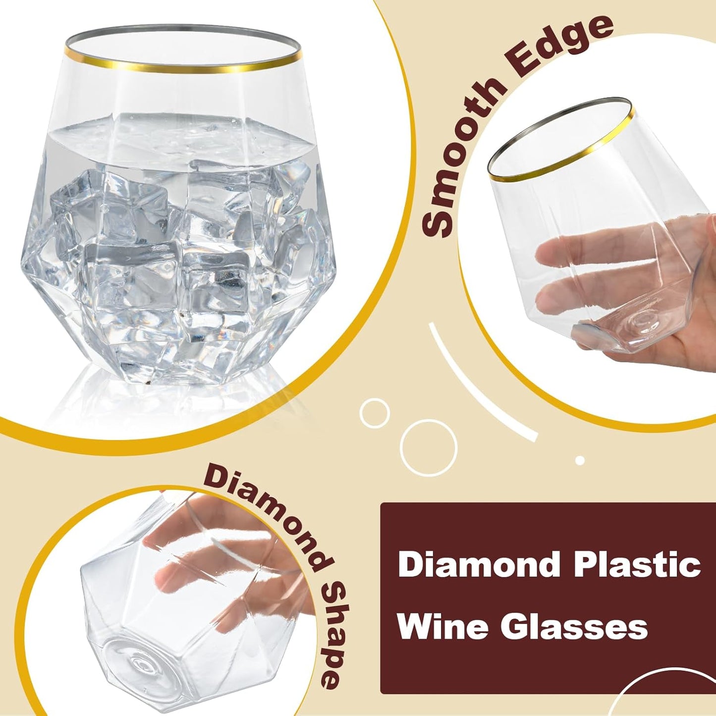 Goodluck 40 PCS Diamond Stemless Plastic Wine Whiskey Glasses, 12 Oz Disposable Cocktail Glasses, Suitable for Weddings, Birthday Parties, Family Gatherings, Bars, etc （Gold rimmed cups）