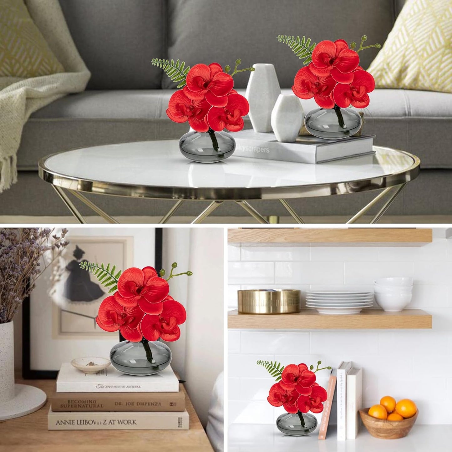 Red Orchids Artificial Flowers Faux Orchids Arrangement in Black Glass Vases Set of 3 Real Touch Phalaenopsis Orchid Flowers Small Fake Orchid Centerpiece for Dining Room Table