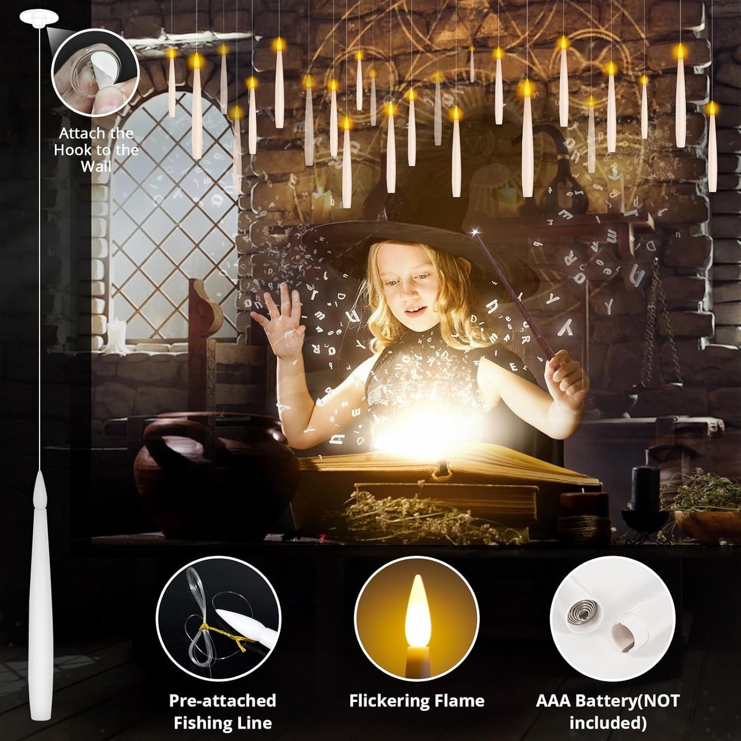 NURADA Floating Candles with Wand Remote Timer - 24 Pcs Magic LED Hanging Flameless Taper Candles Flickering Battery Operated for Halloween Birthday Theme Party Holiday Home Window Decor - White