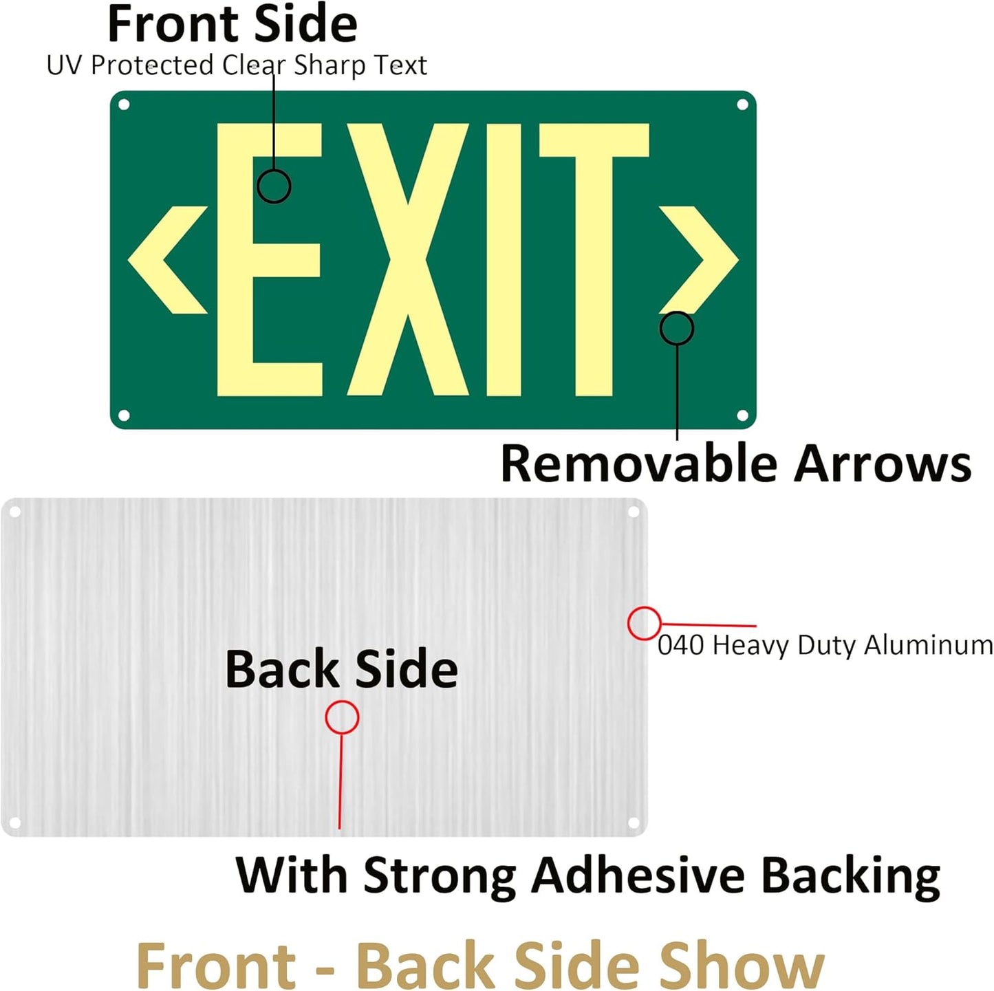 2Pack Photoluminescent Exit Sign Green - 14.25"x 7.5" Aluminum Glow In The Dark- Adhesive Backing- Includes 4pcs Removable Arrows