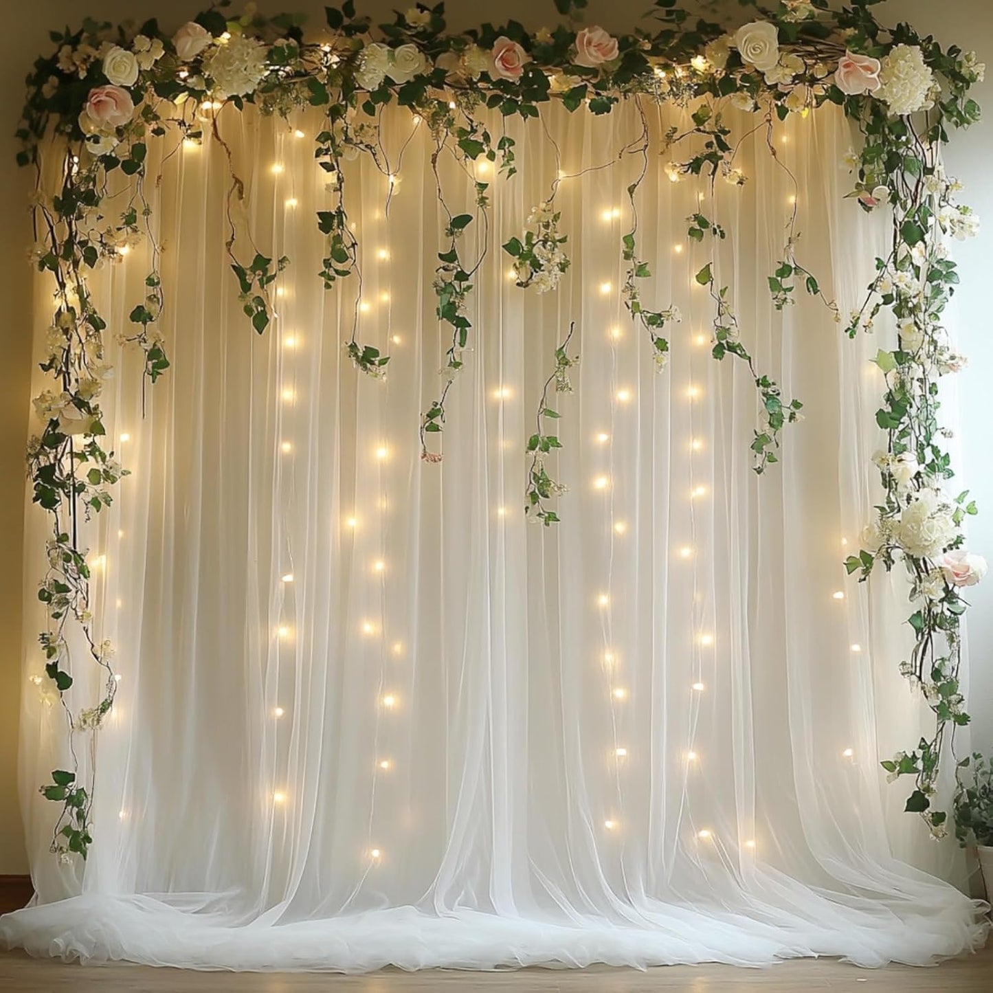 10x10ft White Tulle Backdrop Curtain with String Lights, Wrinkle-Free Sheer Wedding Backdrop for Birthday Parties, Baby Showers, Bridal Showers, Photo Shoots and Home Decorations, White