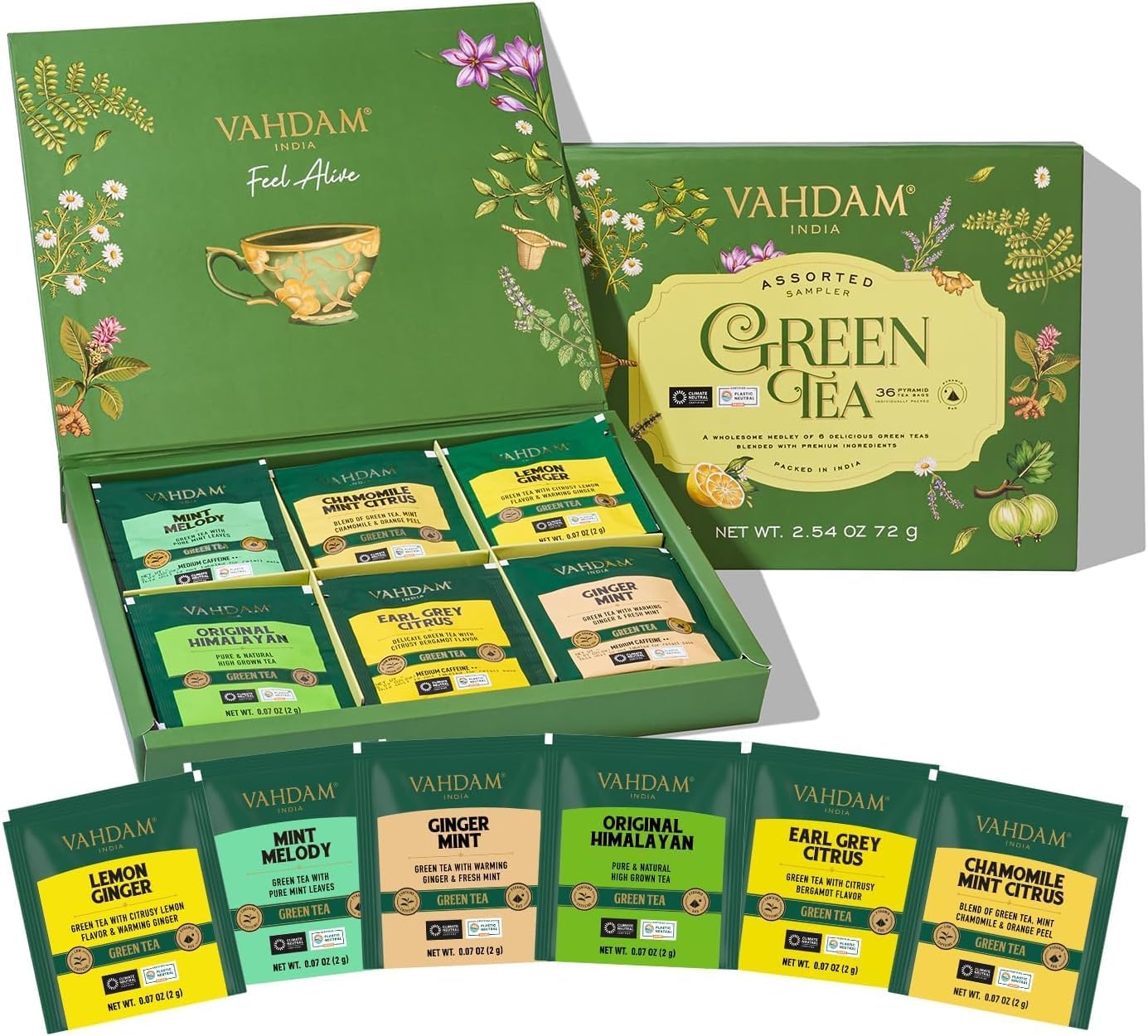 VAHDAM, Green Tea Variety Pack Sampler Assortment (36 Pyramid Tea Bags, 6 Flavor) | Non-GMO Project Verified Himalayan Green Tea with No Artificial Ingredients | Gifts for Women & Men