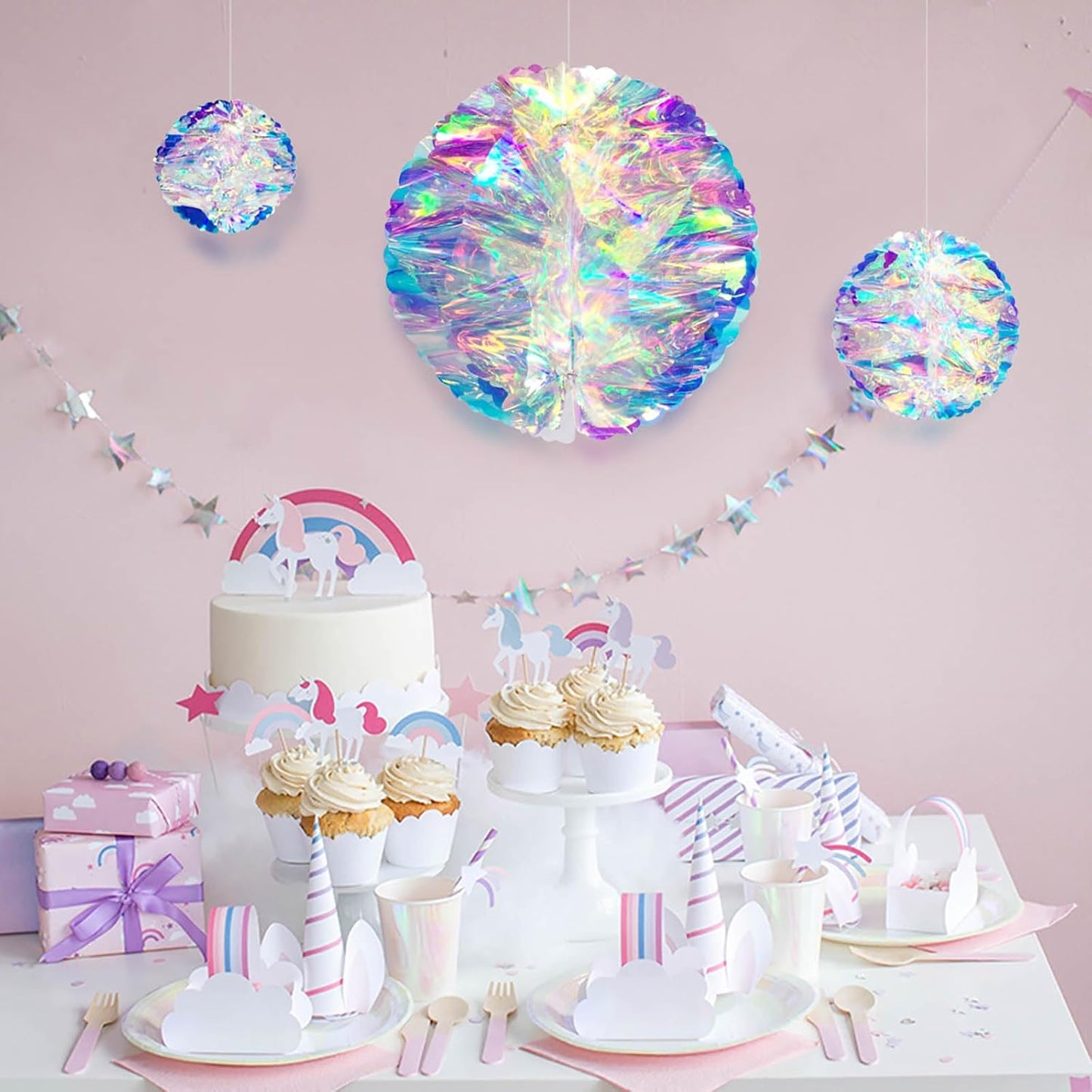 ZYOOO 3pcs Iridescent Honeycomb Balls,Shiny Rainbow Foil Ceiling Hanging Flowers for Wedding,Birthday,Theme Party Decoration(6" 8" 10")
