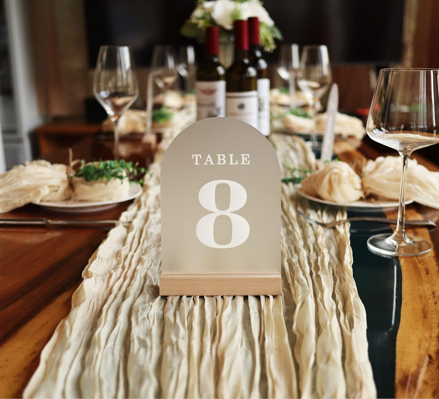 Wedding Table Numbers 1-25, Acrylic Arch Signs with Natural Wood Stands Holders, Rustic Table Decor for Reception & Parties (Frosted White)