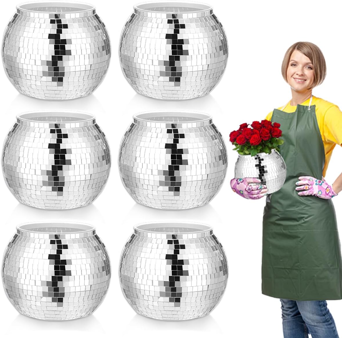 6 Pcs Disco Ball Vase,Plastic Disco Ball Centerpieces Silver Disco Ball Planter Mirror Disco Ball Ice Bucket Disco Ball Decor Can Be Used for Wedding Centerpieces,Birthday,Office(9 Inch)