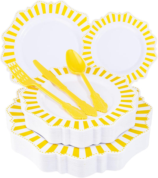 COLOSUS 150pcs Disposable White Lemon Yellow Striped Plastic Party Plates and Silverware set, Yellow Dinner/Dessert Plates silverware 30guests for Easter Birthday Weeding Party and Daily use.