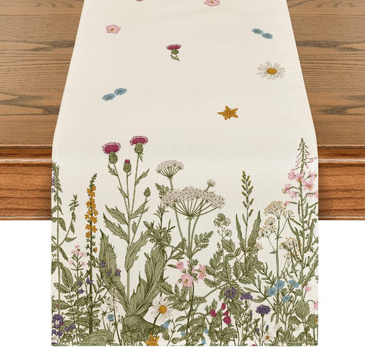 Artoid Mode Antique Herbs and Wild Flowers Summer Table Runner, Spring Fall Kitchen Dining Table Decoration for Home Party 13x108 Inch