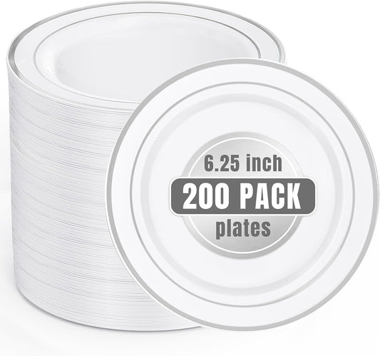 bUCLA 200PCS Silver Plastic Plates - 6.25inch White with Silver Trim Disposable Salad/Dessert/Appetizer/Small Cake Plates - Ideal for Wedding & Party