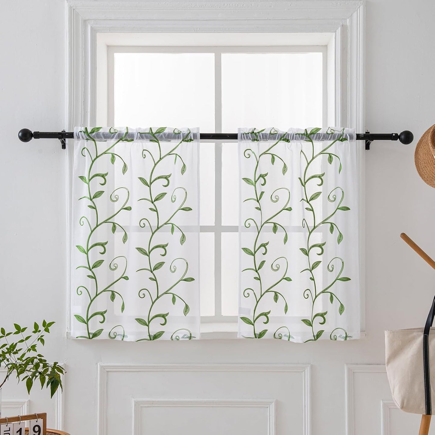 VISIONTEX White Sheer Voile Curtains, Decorative Leaves Embroidery Faux Linen Rod Pocket Window Drapes for Home Kitchen, Living Room and Bedroom 26 x 36 Inch, Set of 2 Curtain Panels