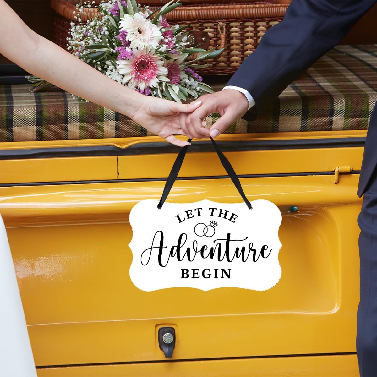 Acrylic Wedding Sign, Ring Bearer Sign, Rustic Wedding Decor Signs, Acrylic Wall Art With Ribbon for Chairs Weddings Decoration and Event Party - Let the Adventure Begin (White)