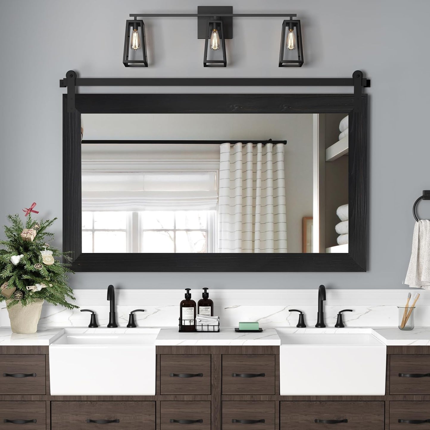 COGOOD Farmhouse Bathroom Mirror - 41" x 30" Rustic Barn Door Mirror for Living Room, Entryway, Bedroom, Vanity Wall Decor (Black)