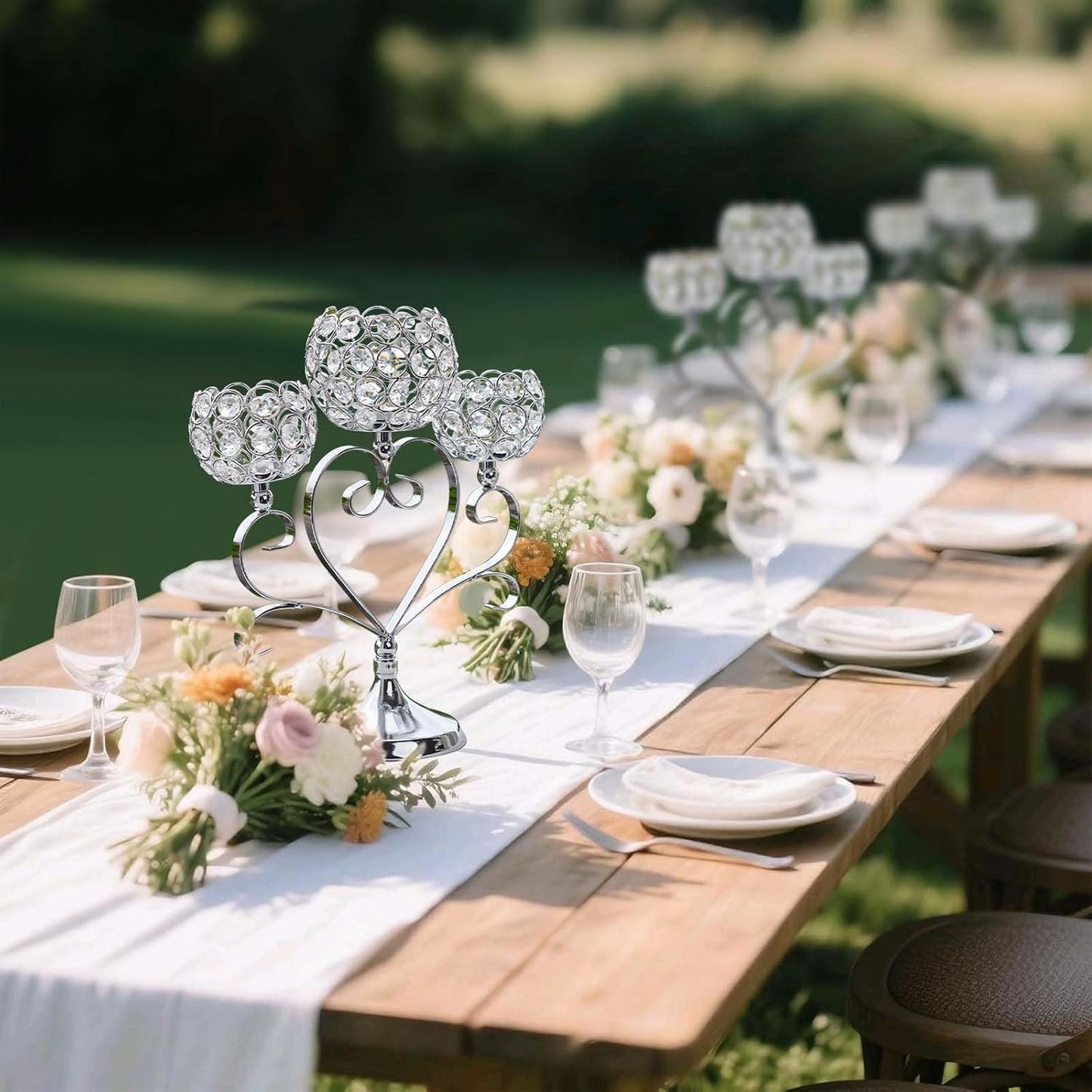 2 Pcs 3-Arm Heart Tea Light Candle Holder - Crystal & Metal Wedding Centerpiece Decor, Sparkling Table Decor for Anniversaries/Romantic Tabletop Home/Dinner Party/Events (2, Silver)