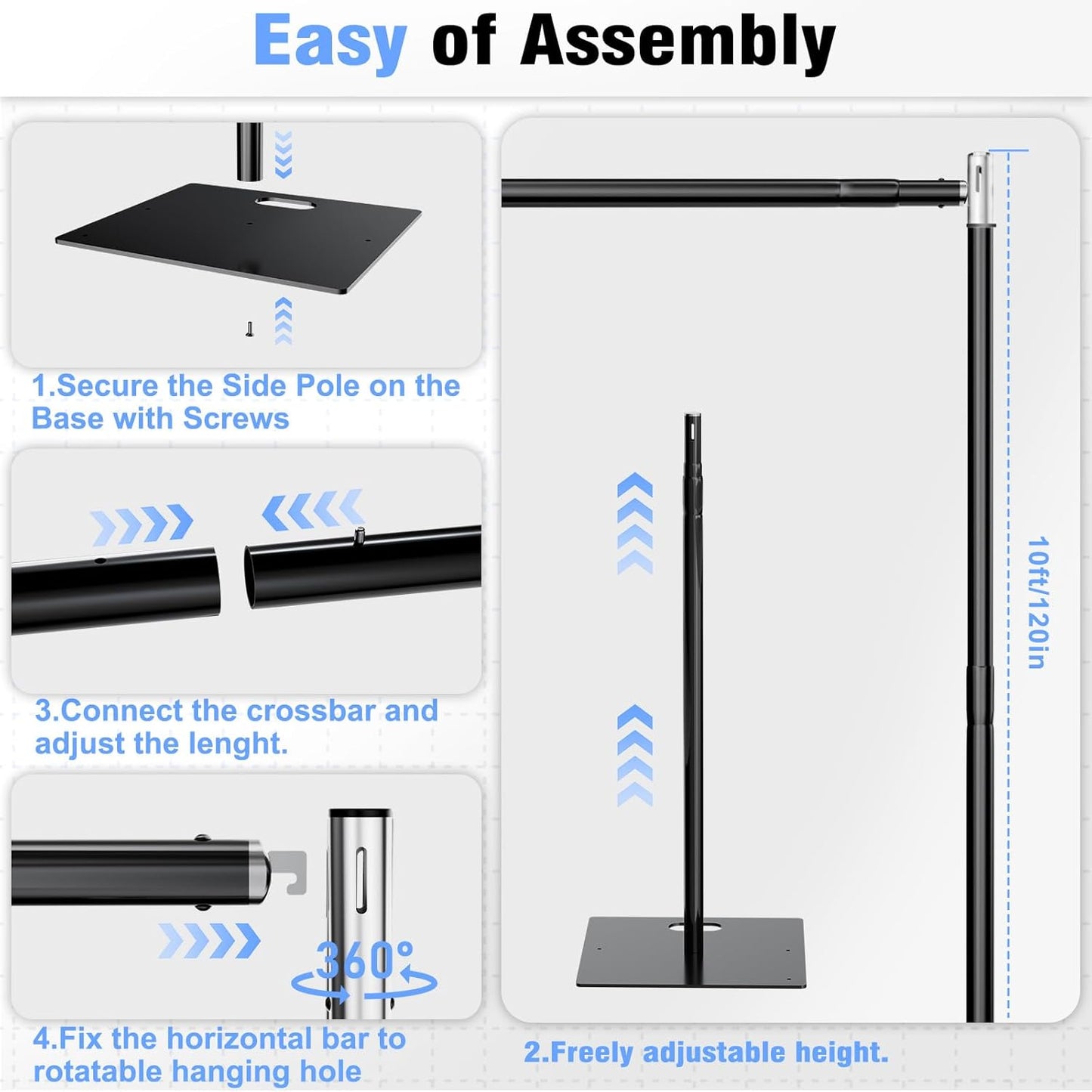 Pipe and Drape Backdrop Stand 10FT x 10FT, Adjustable Backdrop Stand Heavy Duty, Background Stand, Backdrop Stand for Parties, Photography, Wedding, Birthday Decoration (10ft x 10ft)