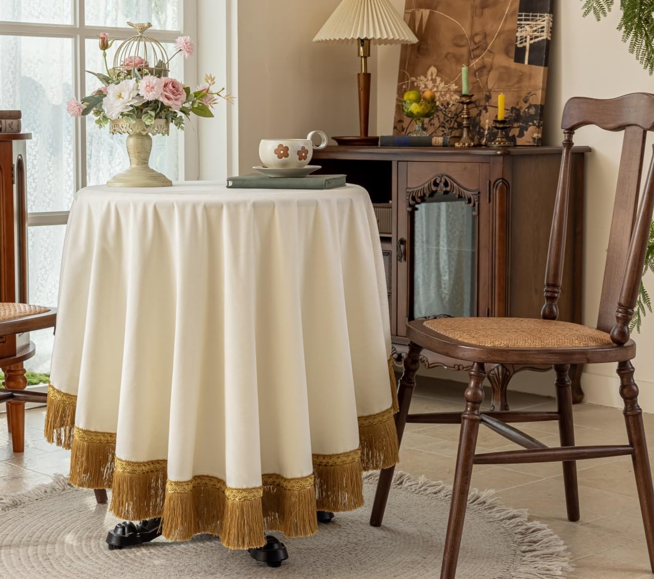 F-CHU White Tablecloth Thickset Velvet Tablecloth with Beautiful Gold Tassels Vintage Table Cloth for Home Decor Wedding, Party, Banquet and Events 60" Round