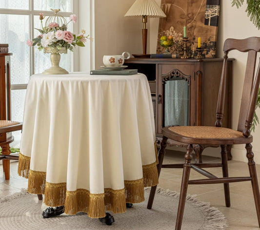 F-CHU White Tablecloth Thickset Velvet Tablecloth with Beautiful Gold Tassels Vintage Table Cloth for Home Decor Wedding, Party, Banquet and Events 60" Round
