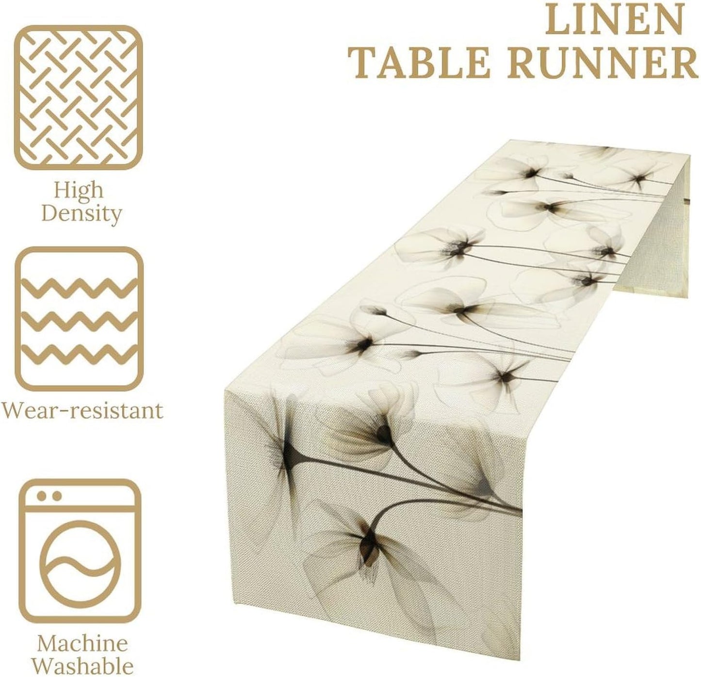 Abstract Floral Table Runner, Watercolor Transparent Beige Poppy Flowers Print Kitchen Dinning Table Runner for Indoor Outdoor Home Wedding Party Holiday, 13x36 Inch