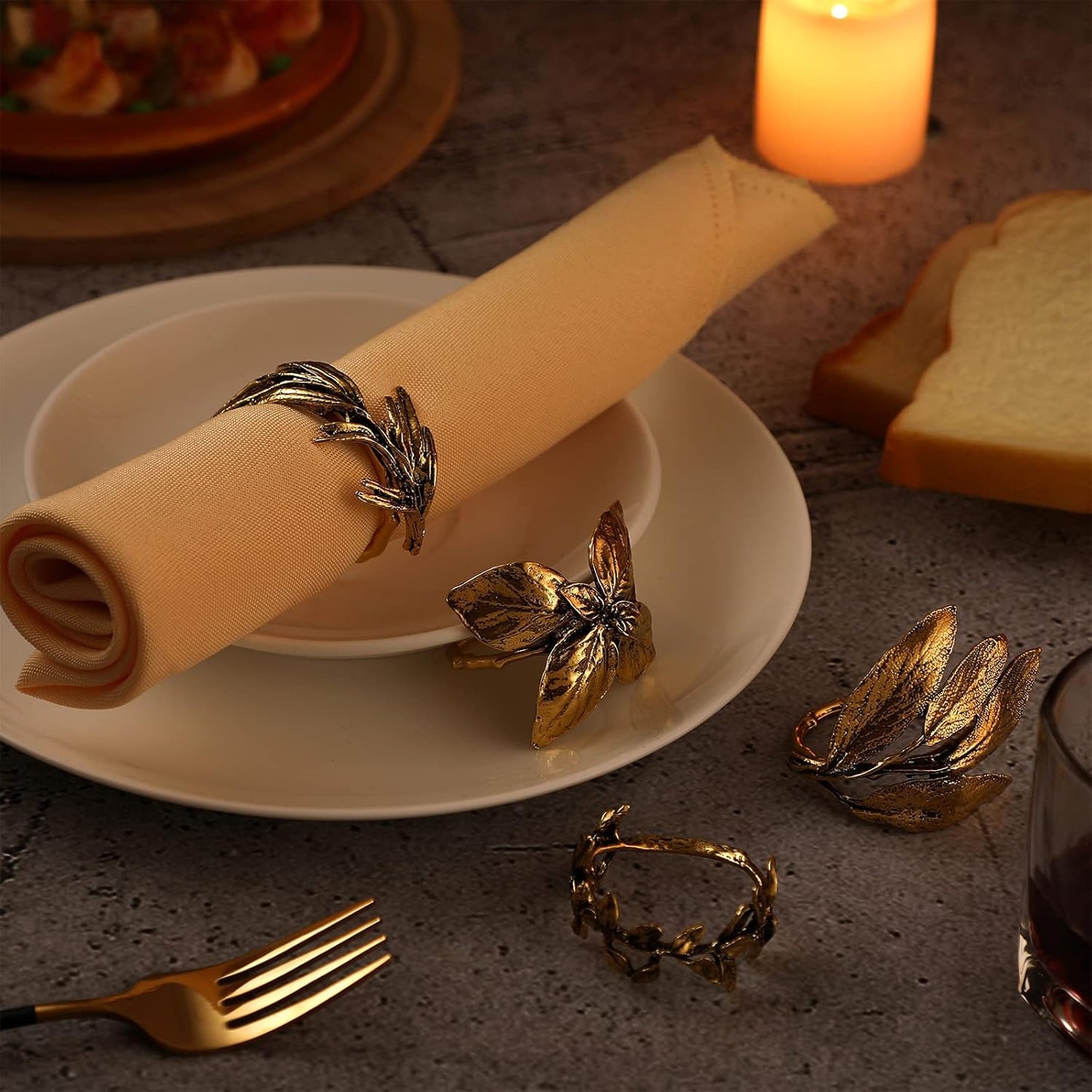 Cunhill 8 Pieces Herb Napkin Rings Set Vintage Leaf Napkin Holders Rings Glossy Holder Adornment Metal Table for Graduation Holidays Wedding Graduation Party Decor Everyday Use(Gold)