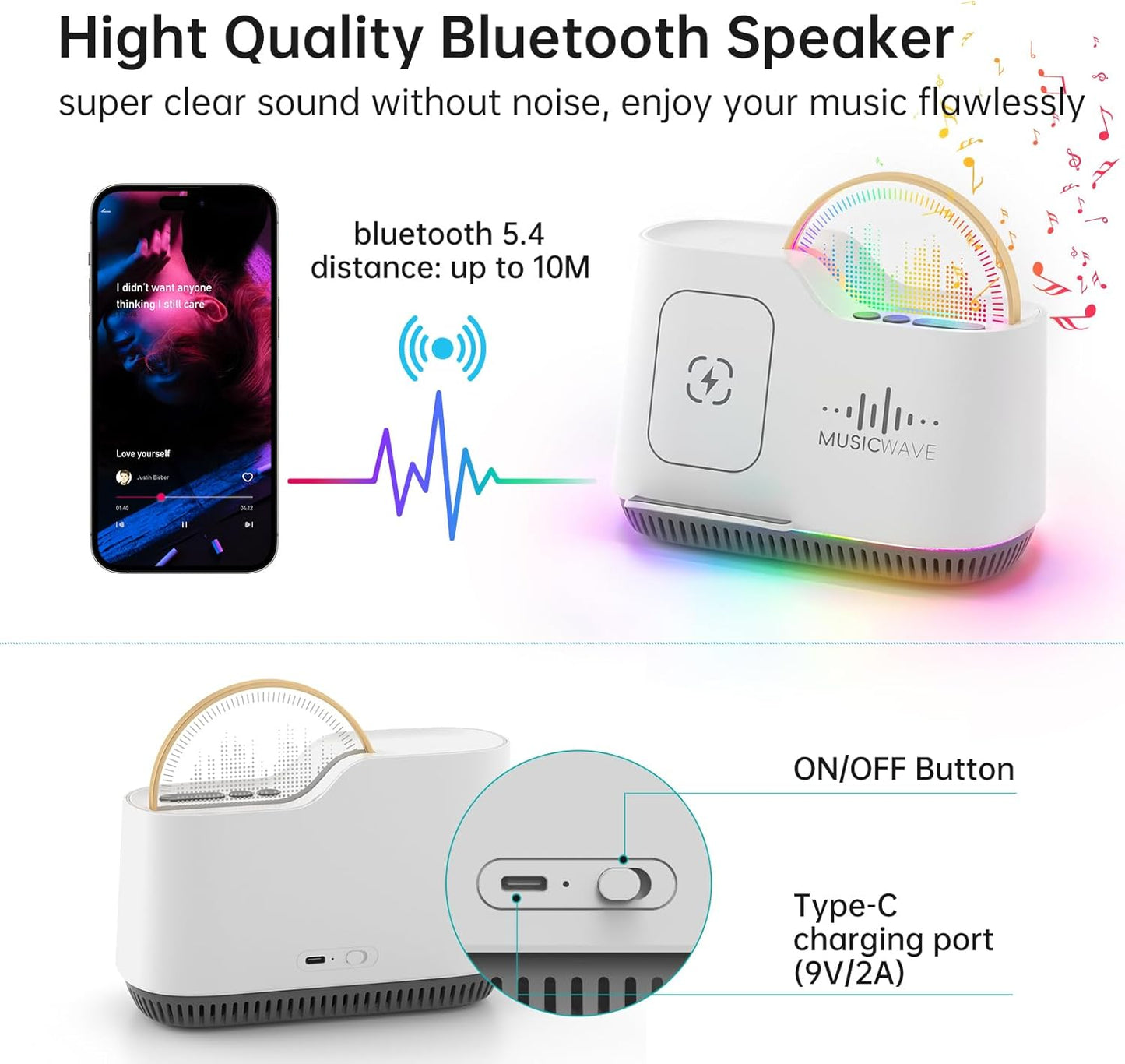 Night Lights Bluetooth Speaker, 15W Wireless Charger with Phone Holder, Touch Control Bedside Lamp with Dynamic Colored Music Light, Dimmable Light Room Decor for Teenage Girls Boys Gifts