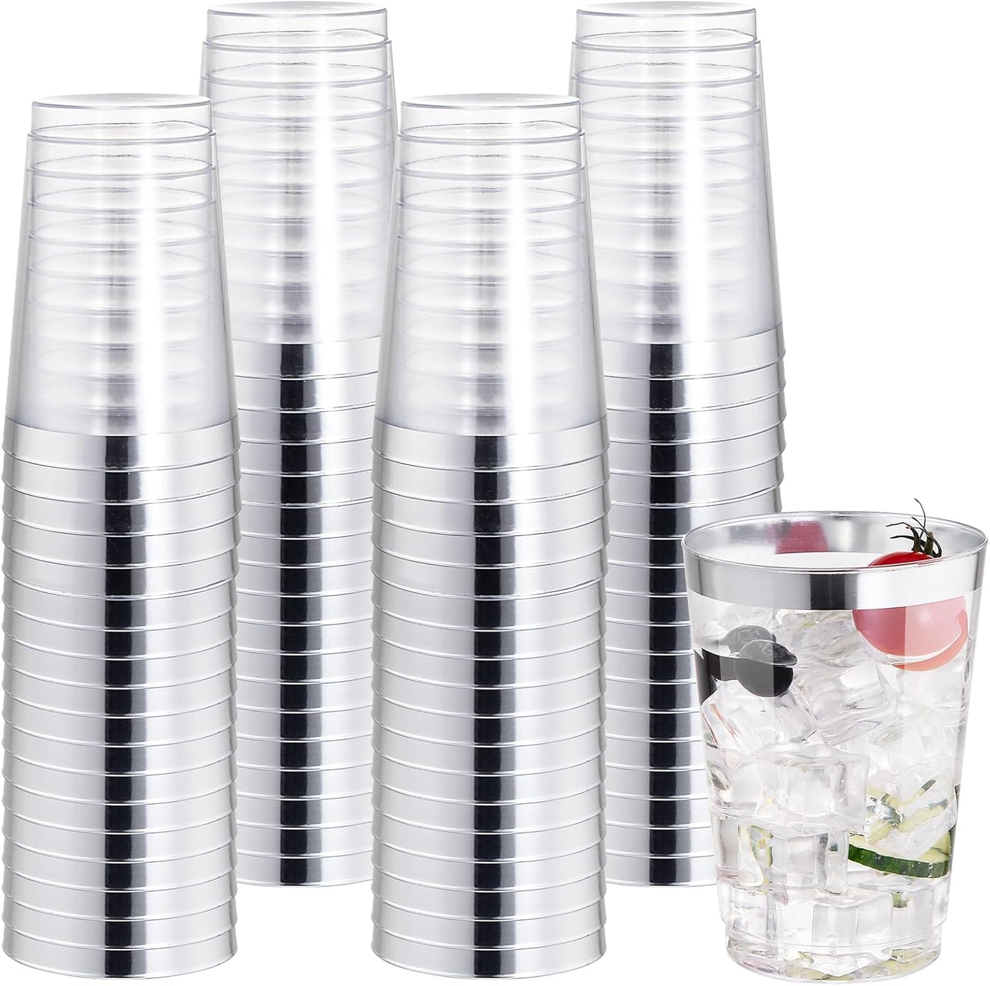 I00000 50 Pack 12 oz Silver Rimmed Disposable Cups, Heavy Duty Plastic Tumblers for Party